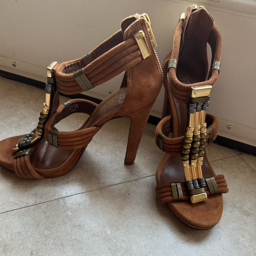 Tory Burch Beaded sandal pumps with zip back.